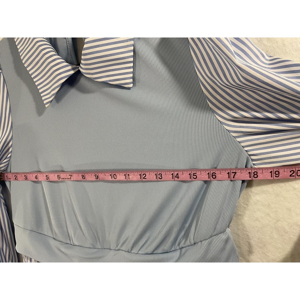 Shein Blouse Womens 1XL Blue Striped Collared Puff Sleeve Tunic Top Plus Size - Picture 3 of 9